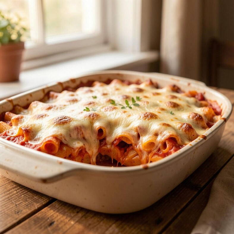 Baked ziti Illustrative photo of baked ziti in a casserole dish