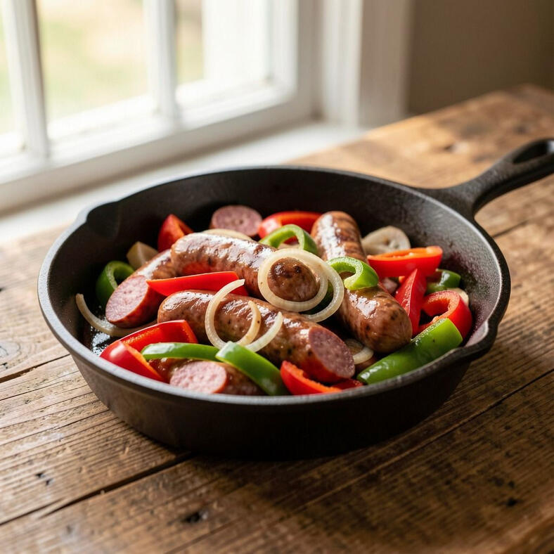 Illustrative photo of sausage and peppers in a cast-iron skillet