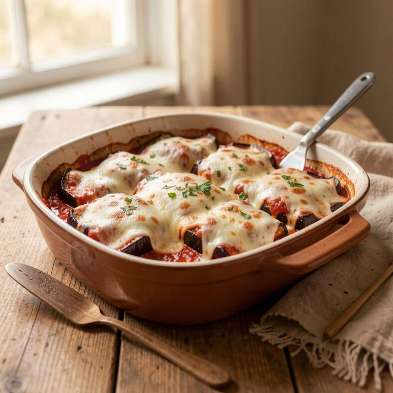 Illustrative photo of eggplant parmigiana in a baking dish