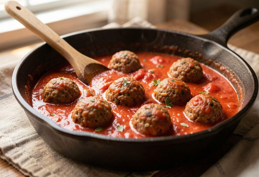 Meatballs simmering in tomato sauce in a cast-iron pan
