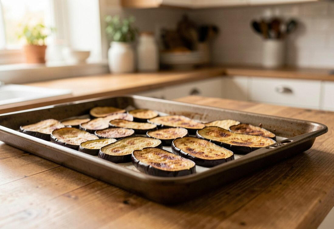 Golden baked eggplant slices on a sheet pan