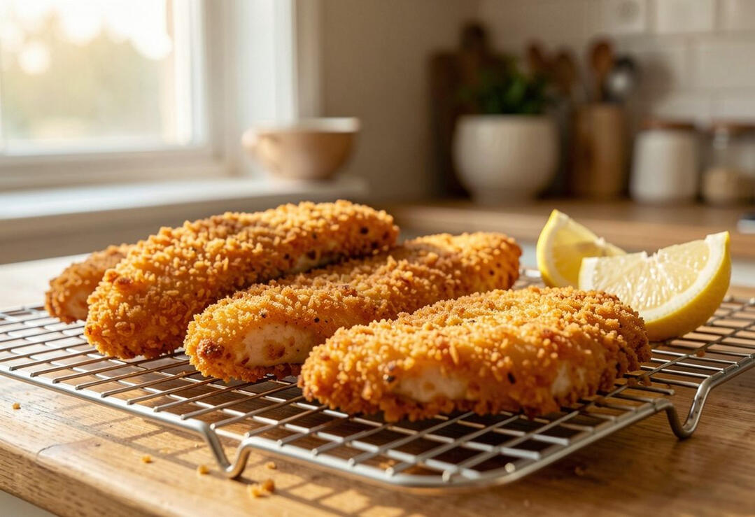 Crispy breaded chicken cutlets on a wire rack with lemon