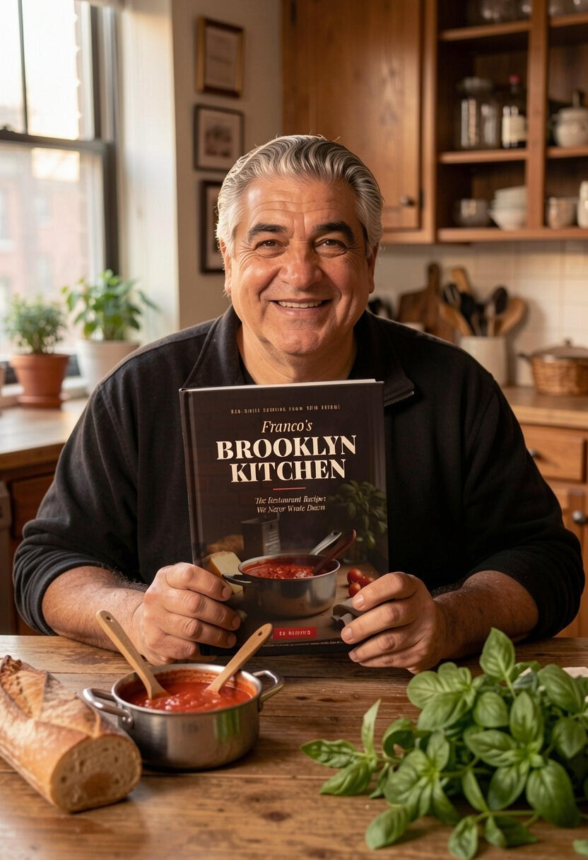 Franco Moretti in his kitchen, holding Franco’s Brooklyn Kitchen